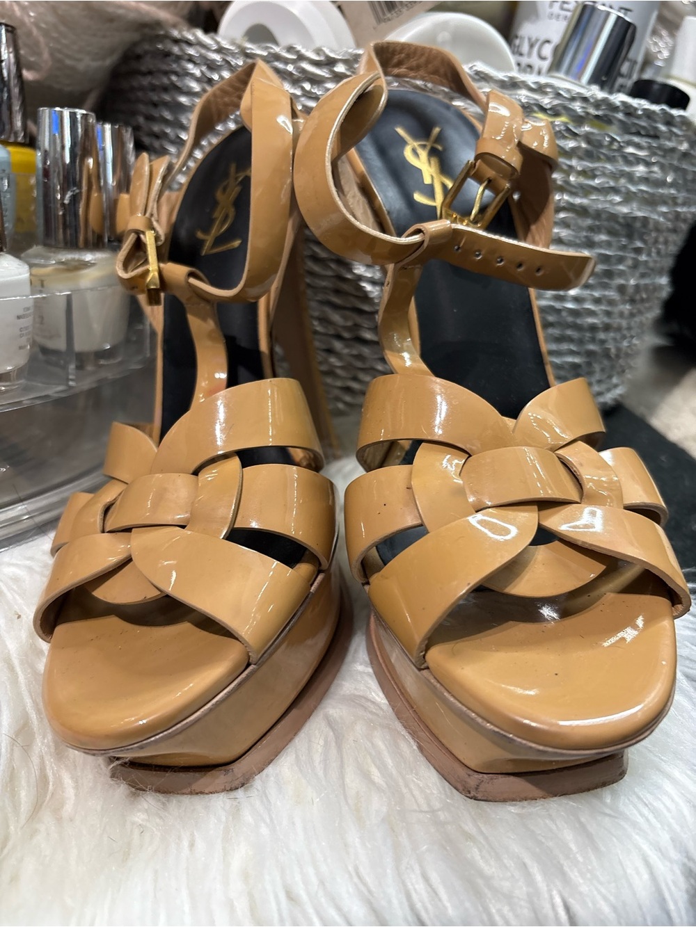 Saint Laurent Beige Patent Leather Woven Platform Sandals